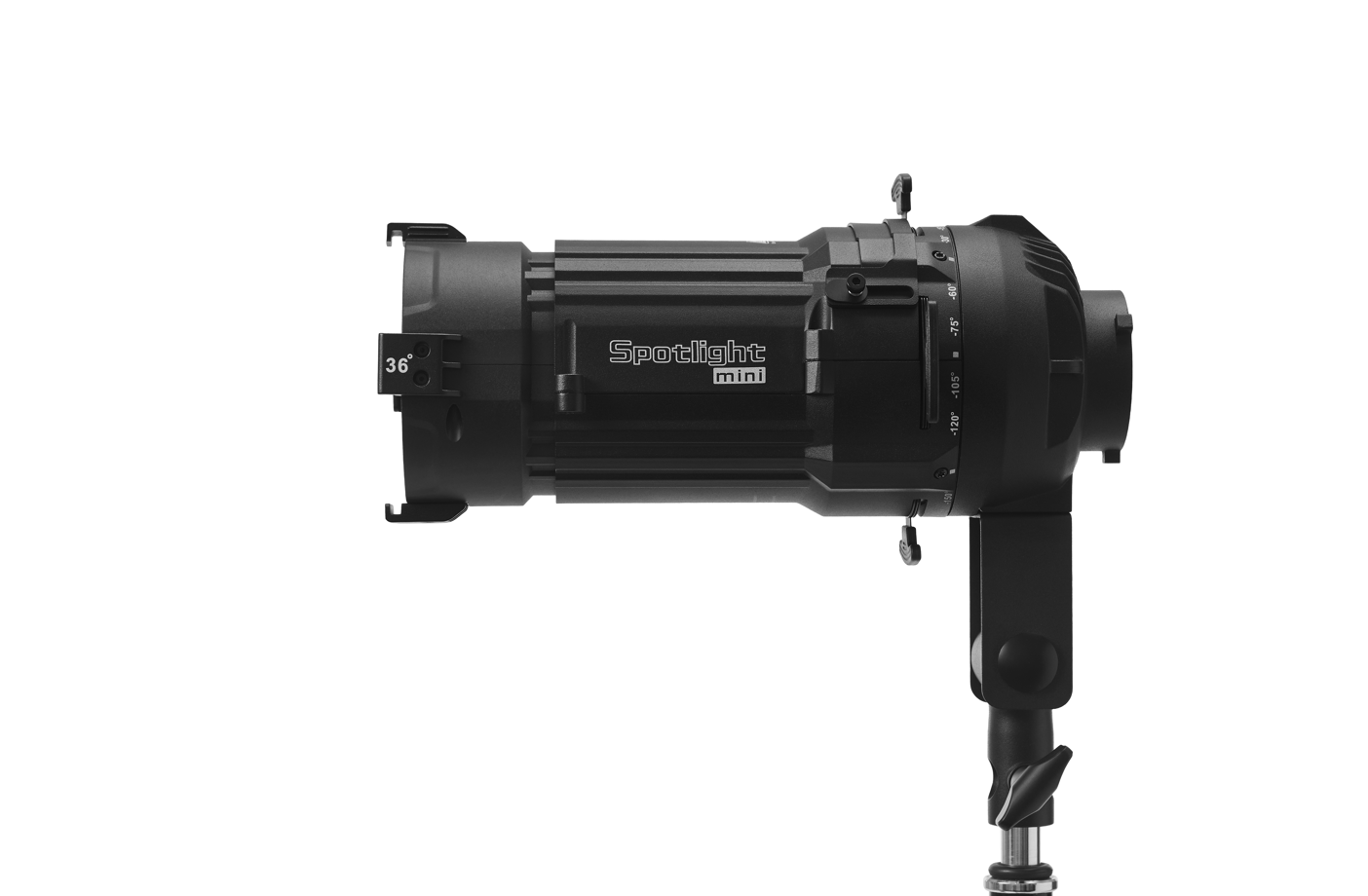 Side view of an Aputure Spotlight Mini Kit with 36° Lens.