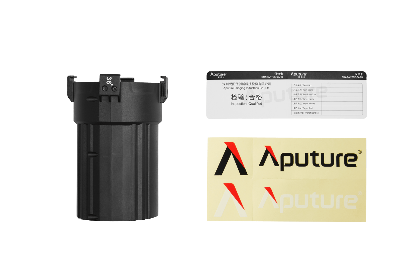 Aputure Spotlight Mini Kit with 36° Lens, guarantee card pictured.