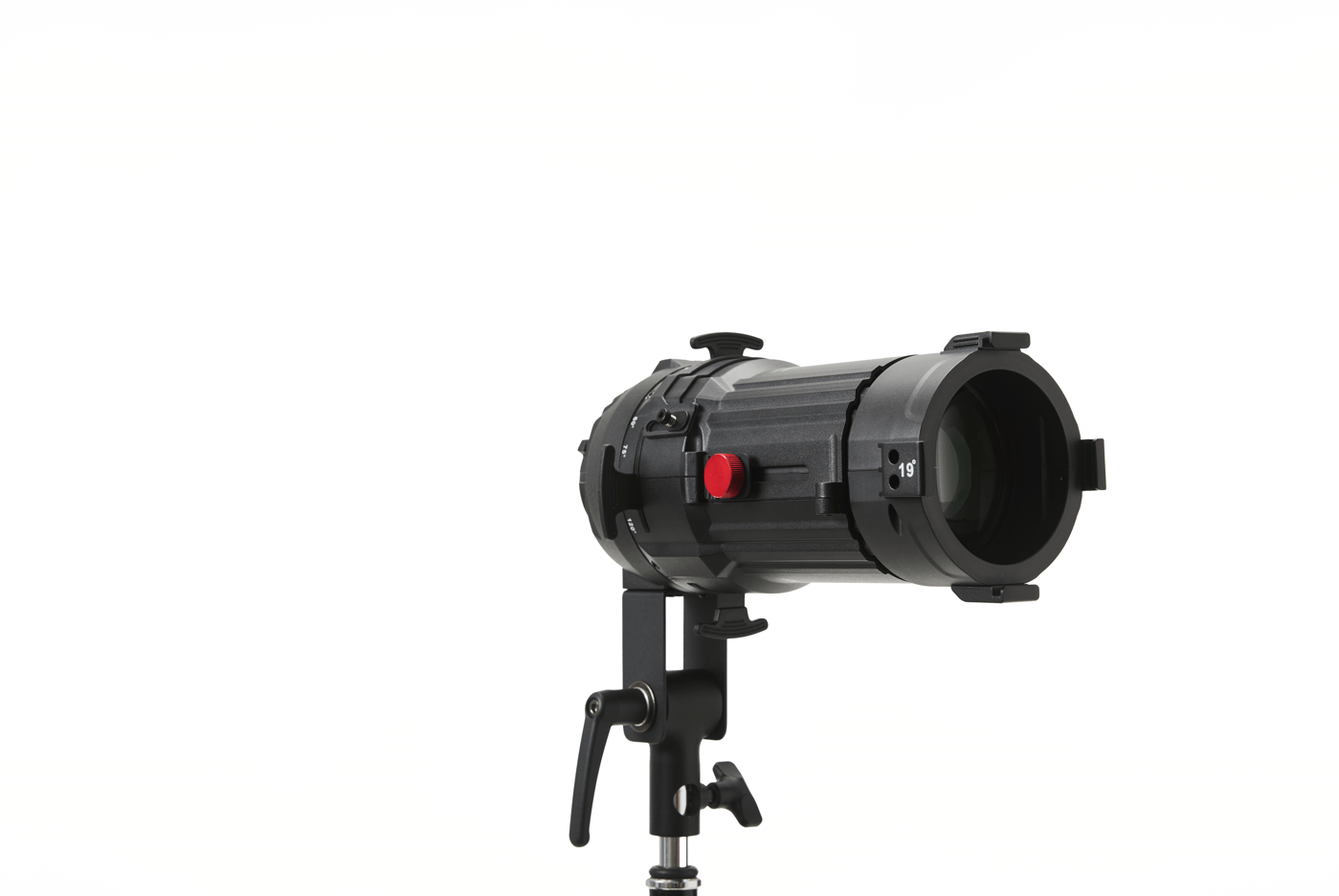 Front 3/4 view of an Aputure Spotlight mini lens 19° which is attached to a Storm 80c.