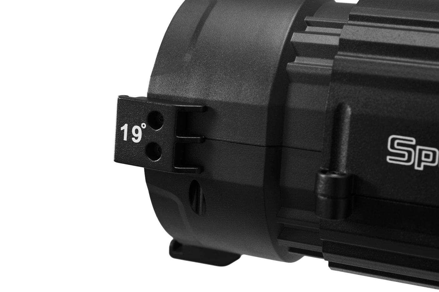 Detail image of an Aputure Spotlight mini lens 19° connected to a Storm 80c.