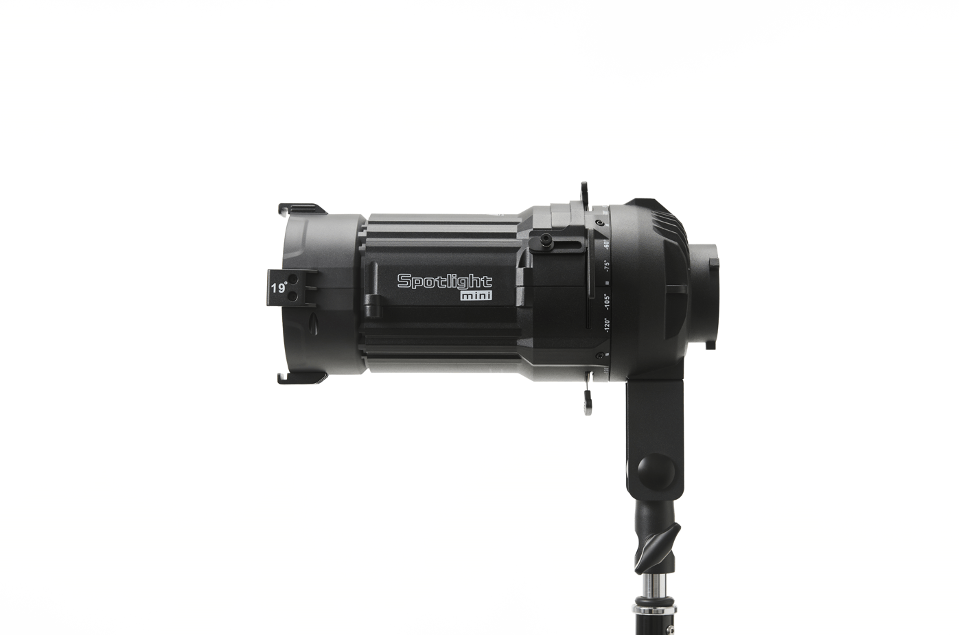 Side view of a Aputure Spotlight mini lens 19° attached to a Storm 80c.