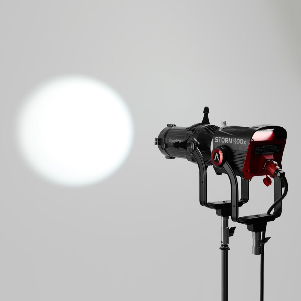 Aputure Spotlight Mount II 36° Lens shown with a STORM 400x illuminating a plain wall.