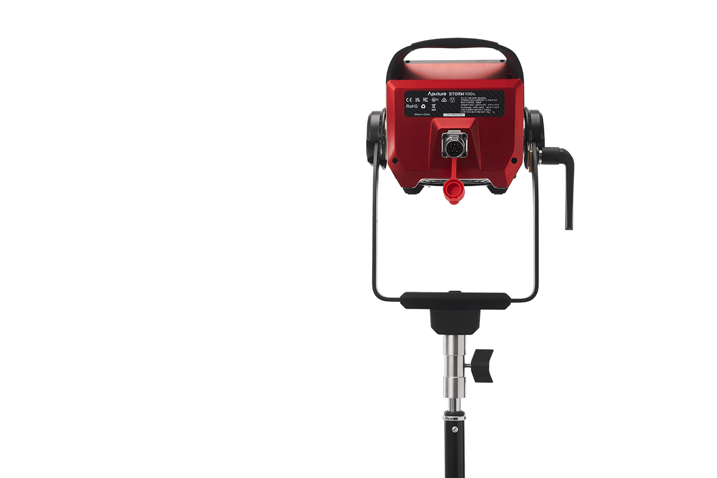 Rear view of an Aputure Storm 400x (UK) on a light stand.