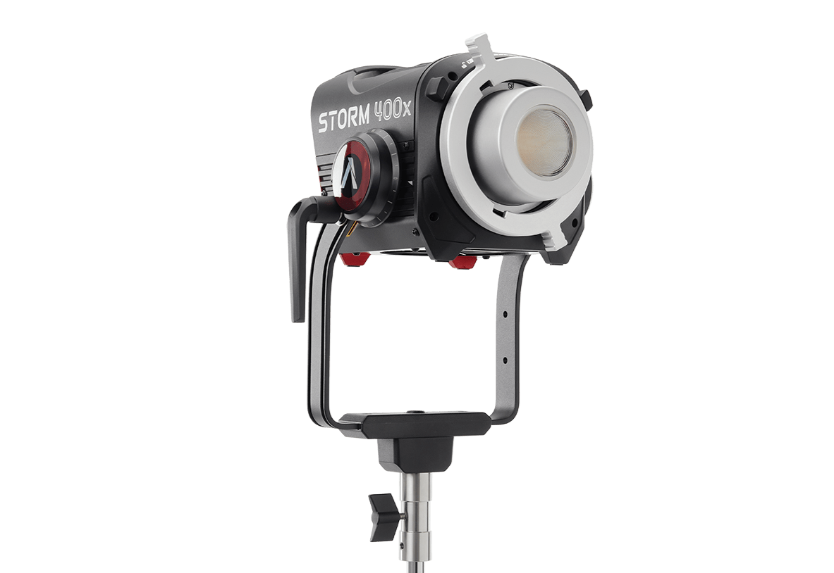 Aputure Storm 400x (UK) shown on a light stand.