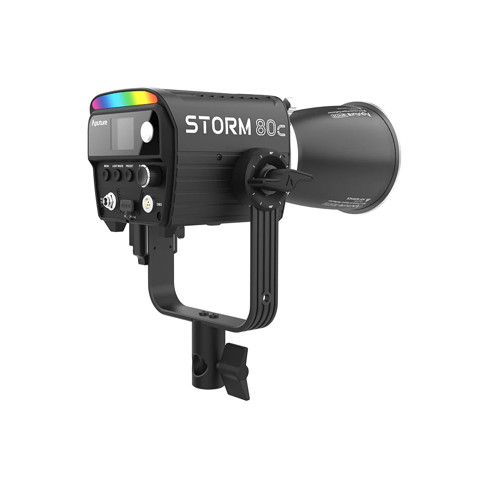 Aputure Storm 80c with hyper reflector, rear side view.