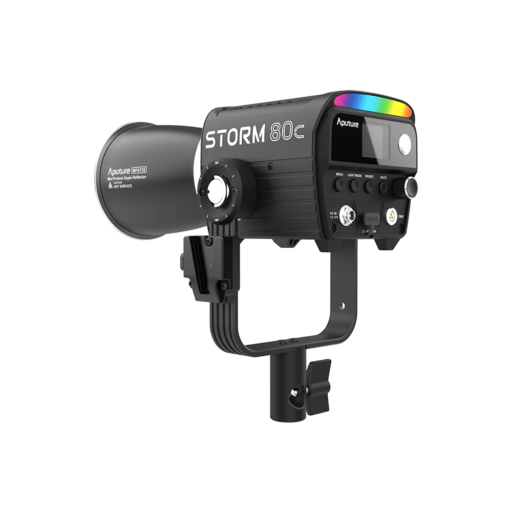 Aputure Storm 80c with hyper reflector, showing the rear of the fixture. 