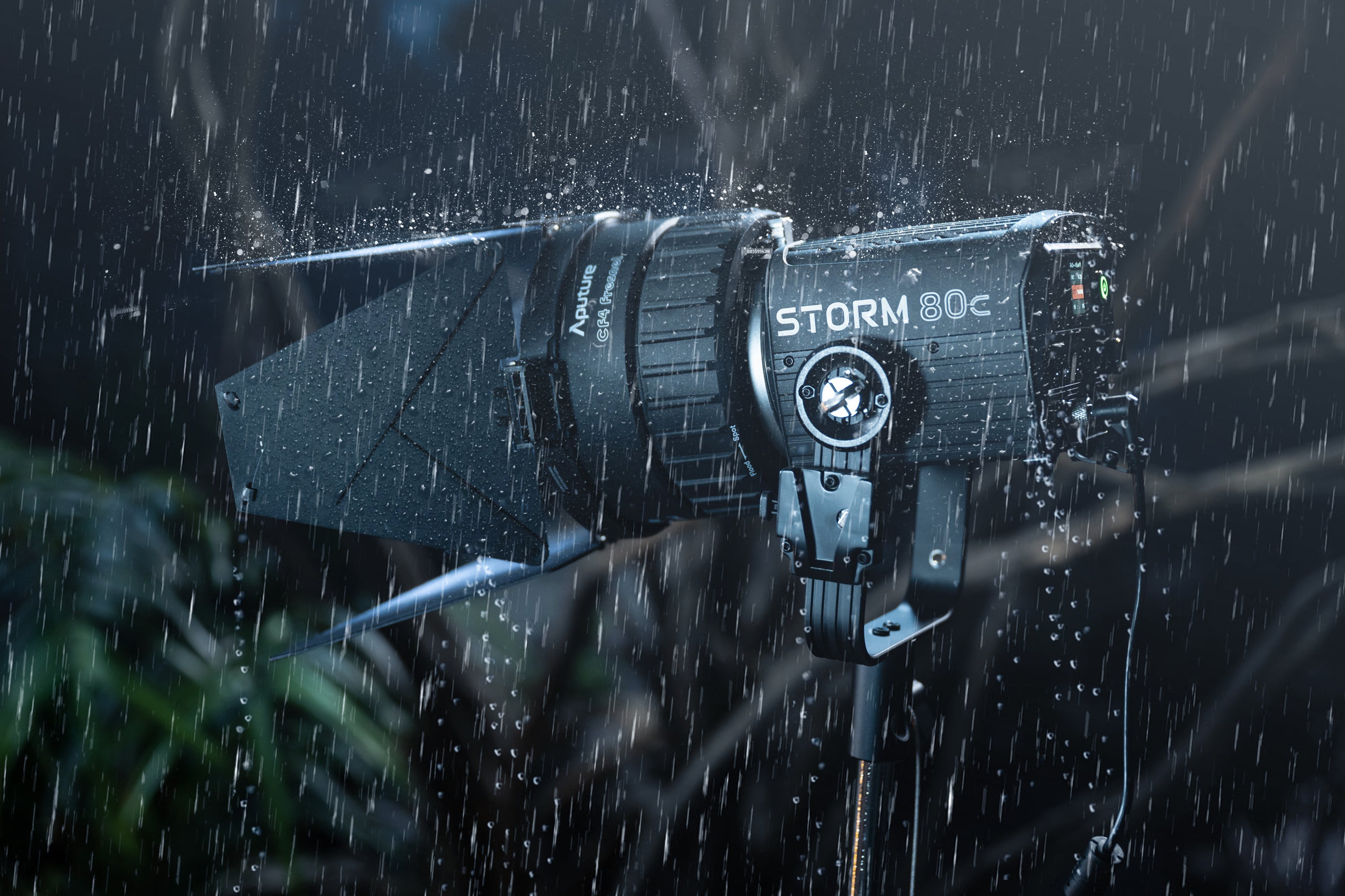 Aputure Storm 80c on-set in the rain, IP-65.