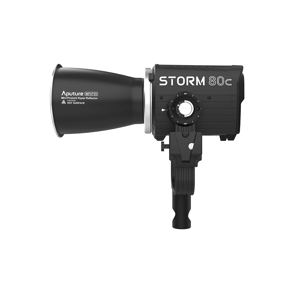 Aputure Storm 80c with hyper reflector, side view.