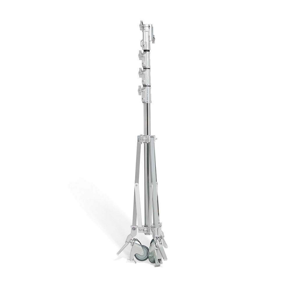 Avenger Roller Metal stand with wheels on a white background, folded for transport. 