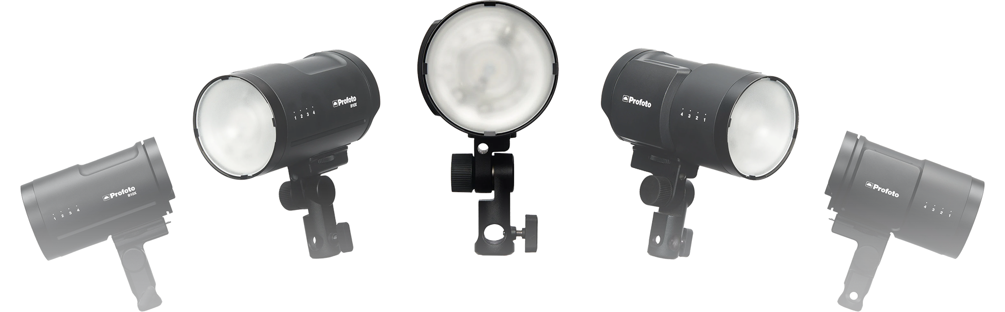 Static carousel showing different side profiles of the Profoto B10X flash head. 