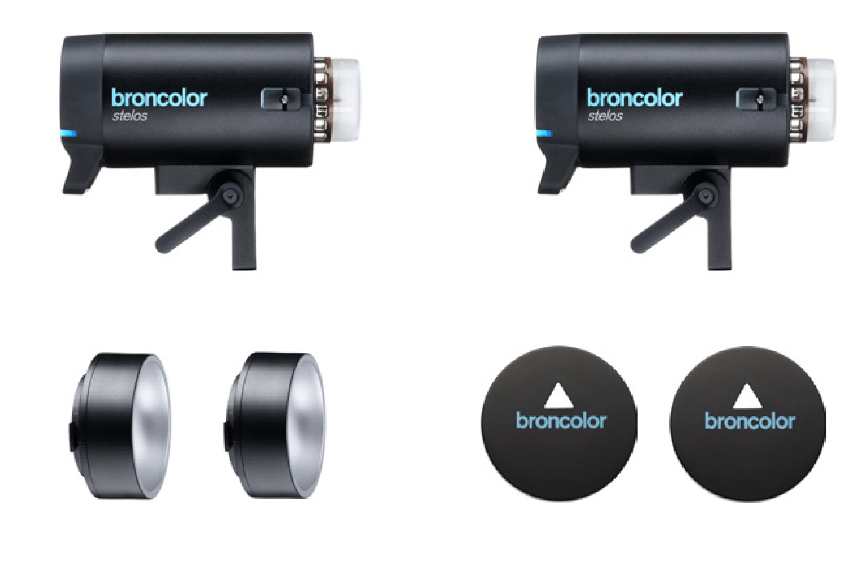 2 Broncolor Stelos 800 L Monolights, 2 Wide angle reflectors and 2 protection caps which is all included in the inspiration kit.