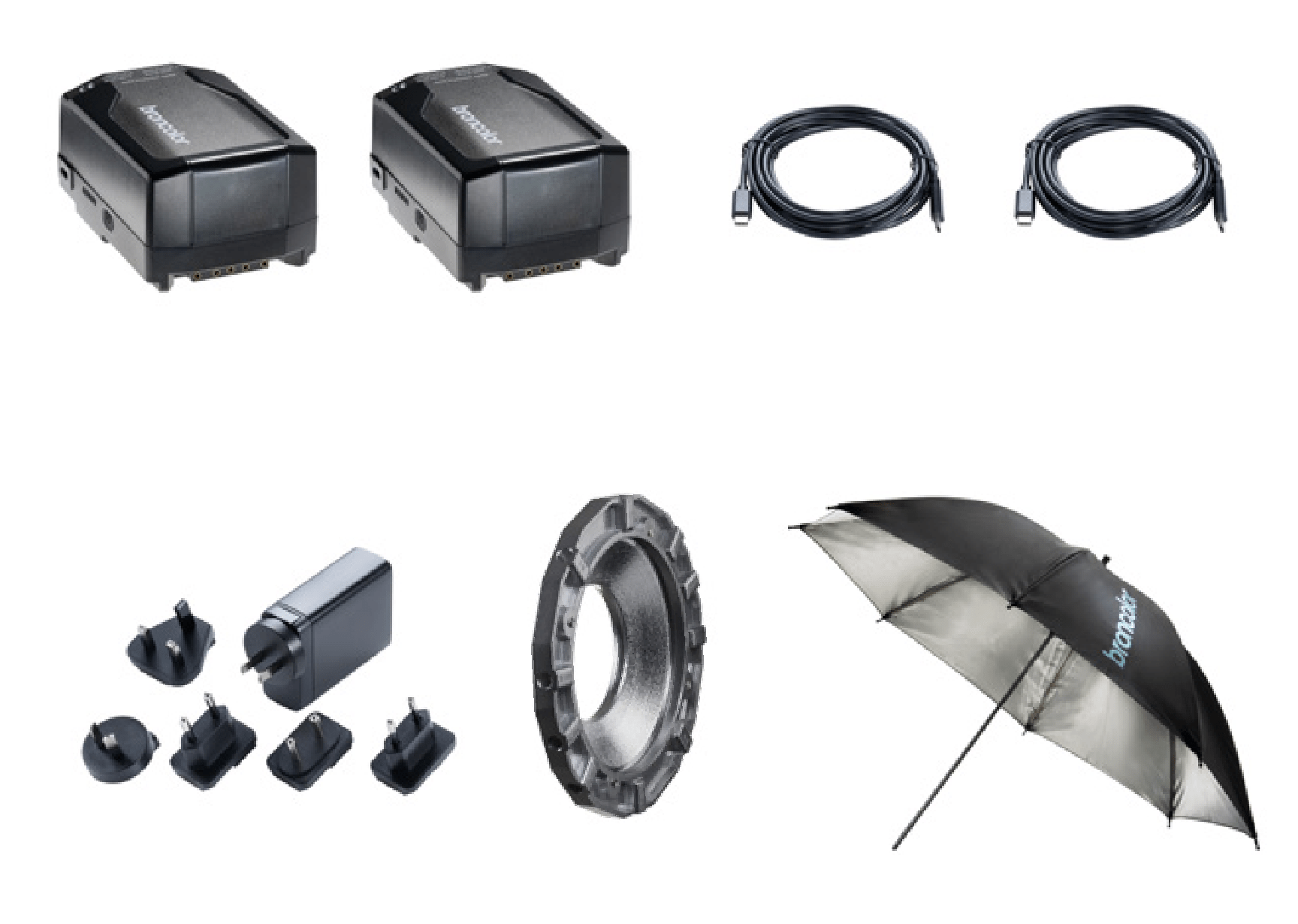 Li-Ion V-Mount Batteries, Cables and umbrella all included in the Inspiration kit.