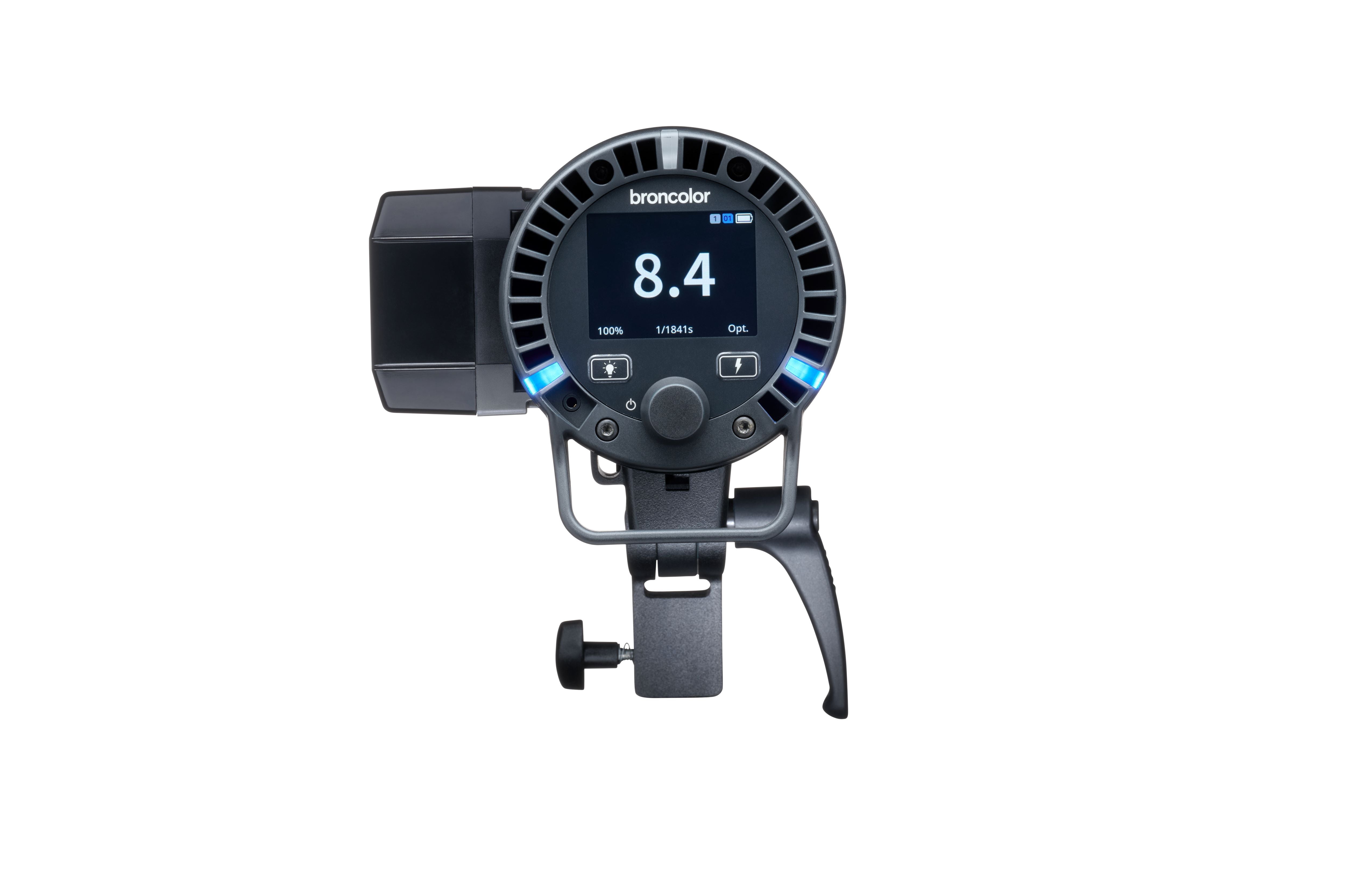 Rear view of the Broncolor Stelos 800 L Monolight with the screen and button controls on a white background.