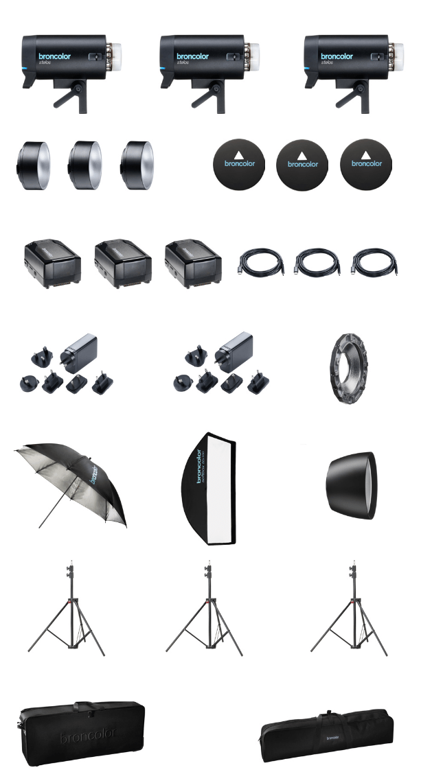 All items included in the Broncolor Pro kit for Stelos 800 L on a white background.
