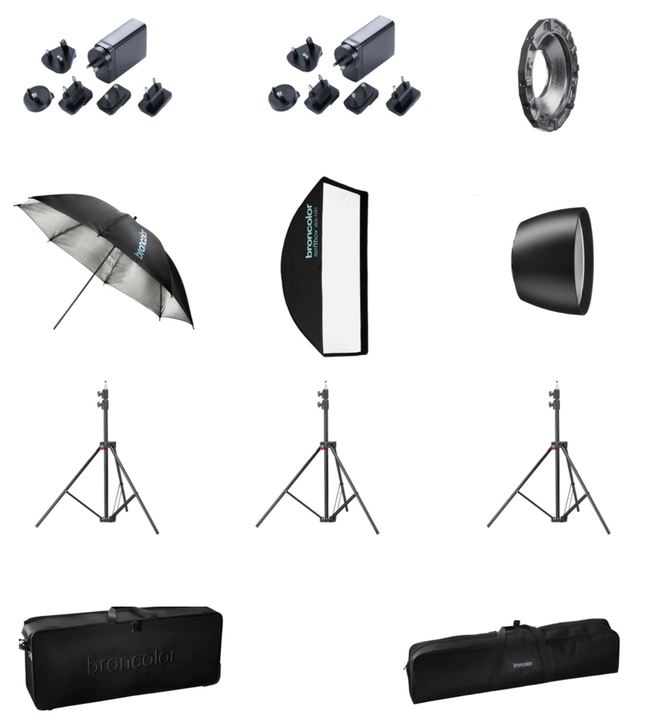 Chargers, light shapers, stands and cases also included in the Broncolor 800 L Stelos Pro Kit.