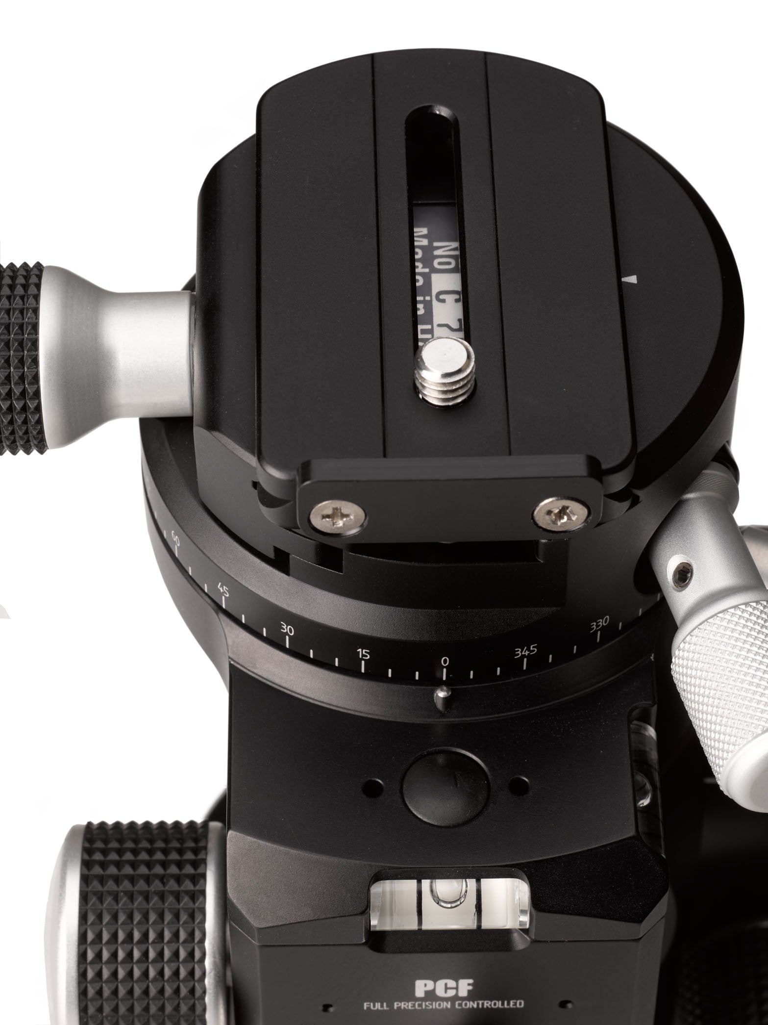 Cambo PCF Precision Geared Head with Geared Camera Platform Rotation, showing the camnera attachement plate as a detailed image. 