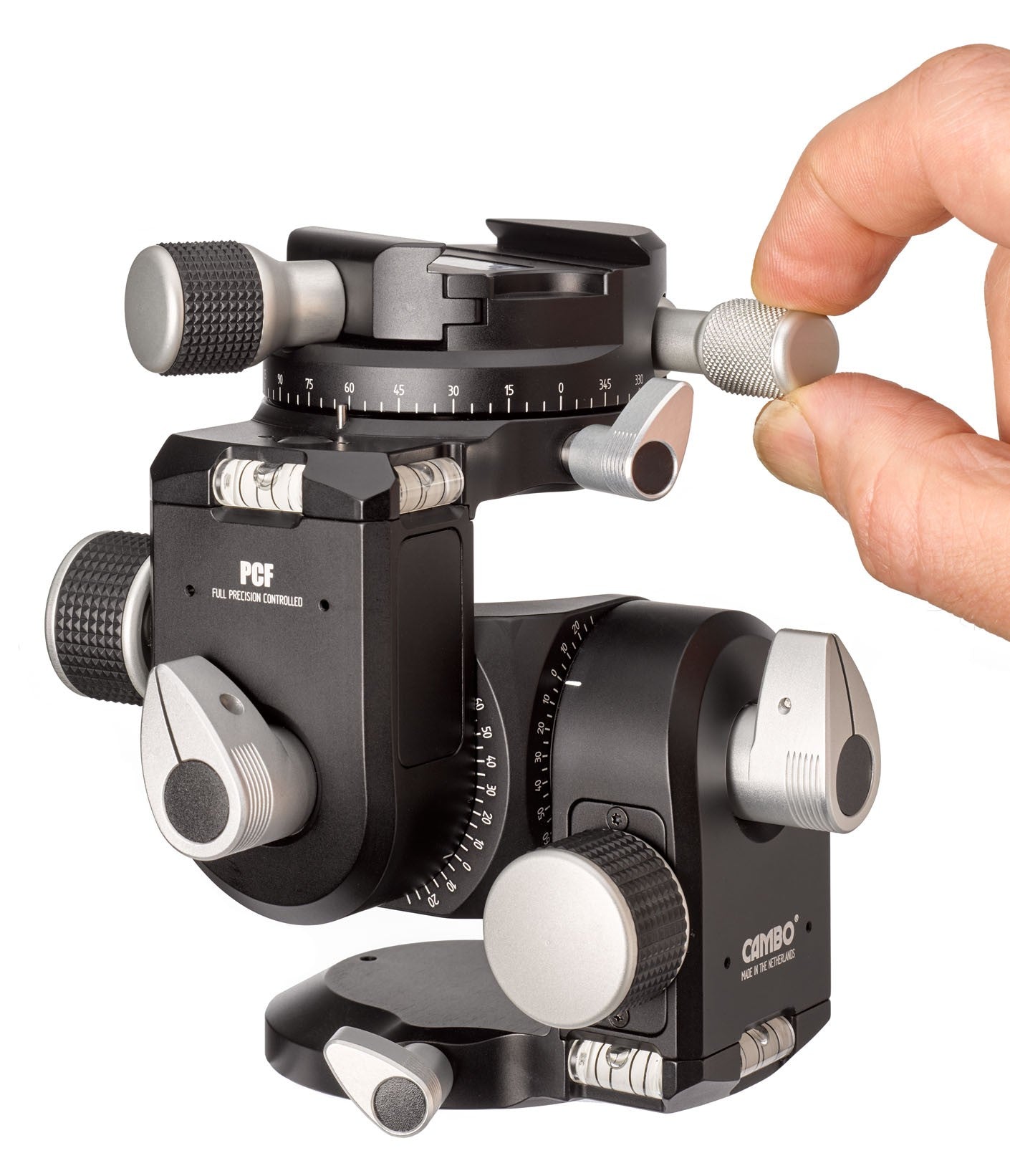 Front side view of the Cambo PCF Precision Geared Head with Geared Camera Platform Rotation. Showing the fine adjustment know for the Camera Platform Rotation. 