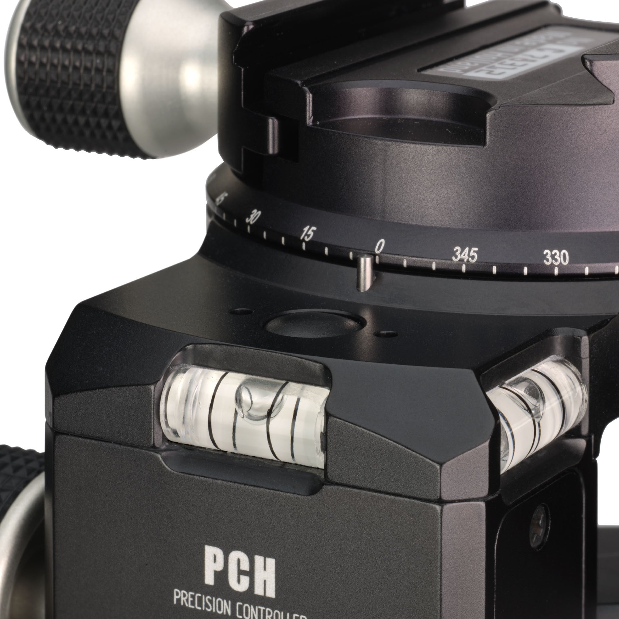 Detailed image of the micro scales on the top plate and showing the Bubble Levels of the Cambo PCH Precision Controlled Geared Head.