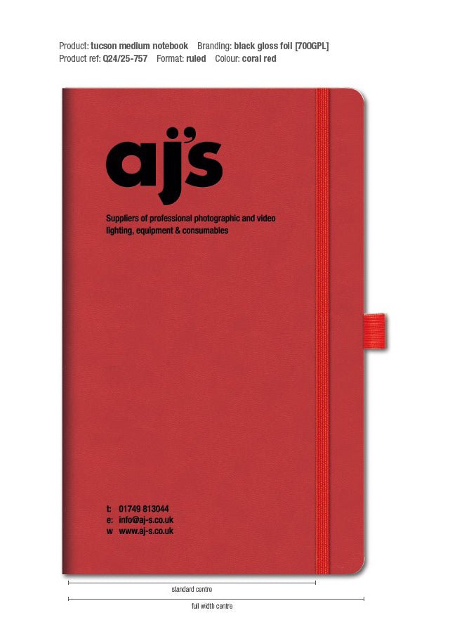 A medium sized red notebook lined and branded with our AJ's logo which is in black. Dimensions shown in the image. 