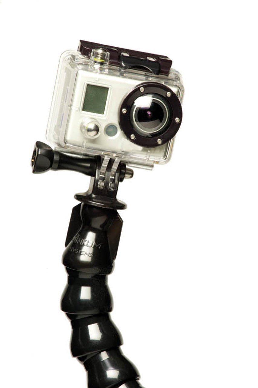 Close-up perspective of a GoPro Camera connected to the Dinkum ActionPod® Mount.