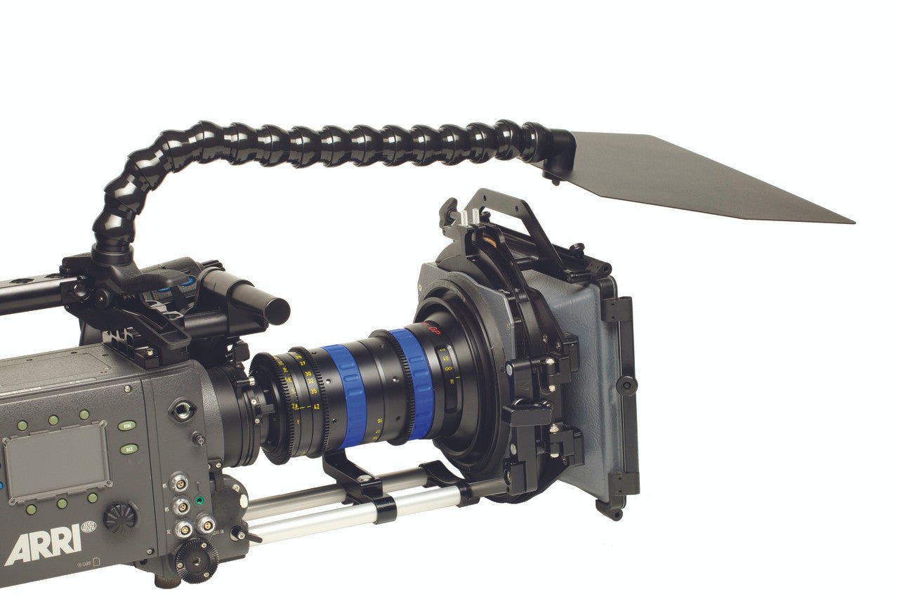 Rear 3/4 view of Dinkum CINE™ Lens Shade w/ Clamp being utilised on a camera.