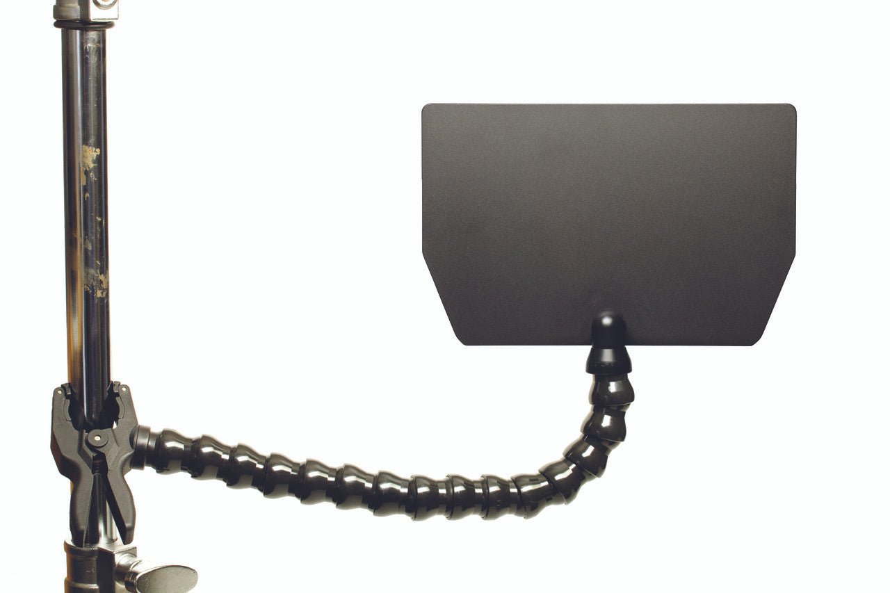 Dinkum CINE™ Lens Shade w/ Clamp on a white background attached to a stand.