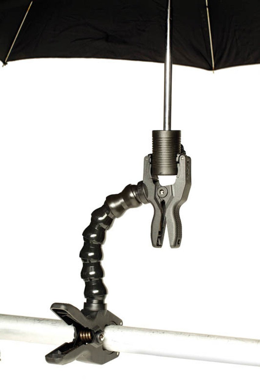 An Umbrella attached to the Dinkum Clamp to Clamp (1" to 2").