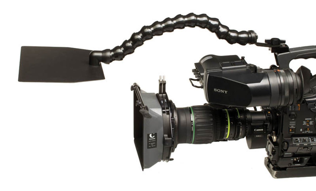 Dinkum PRO™ Lens Shade Fixed Base Mount connected to a Camera.