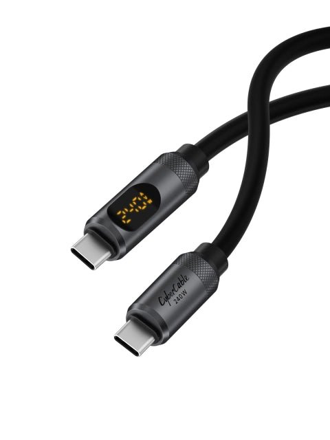 HAGiBiS 240W Fast Charging Cable shown turned on with the LED screen on a white background.