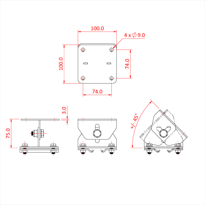 Technical drawing of Adjustable Ceiling Bracket for HiGlide and other ceiling track systems. 
