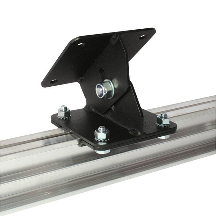 Black metal angle bracket attached to a silver metal track on a white background.
