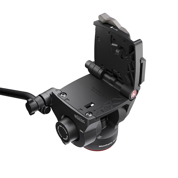 Manfrotto 500X Fluid Head with plate fully elevated.