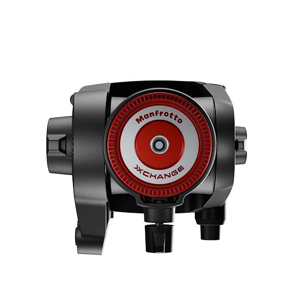 Birds eye view of the Manfrotto 500X Fluid Head with a Manfrotto Xchange attached.