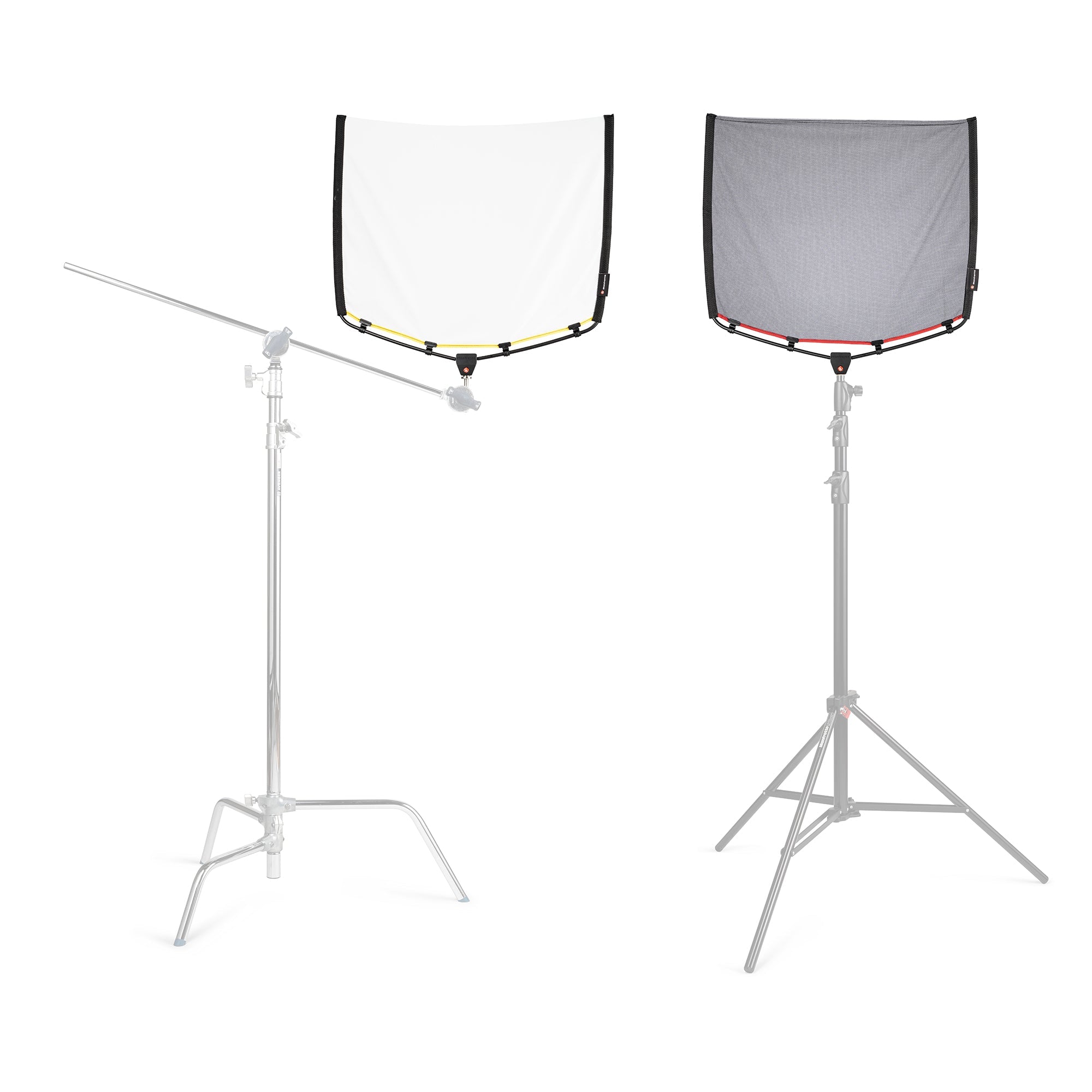 Two Manfrotto Rapid Flag 18"x24" Frames with Silk and Single Scrim shown on lighting stands. 