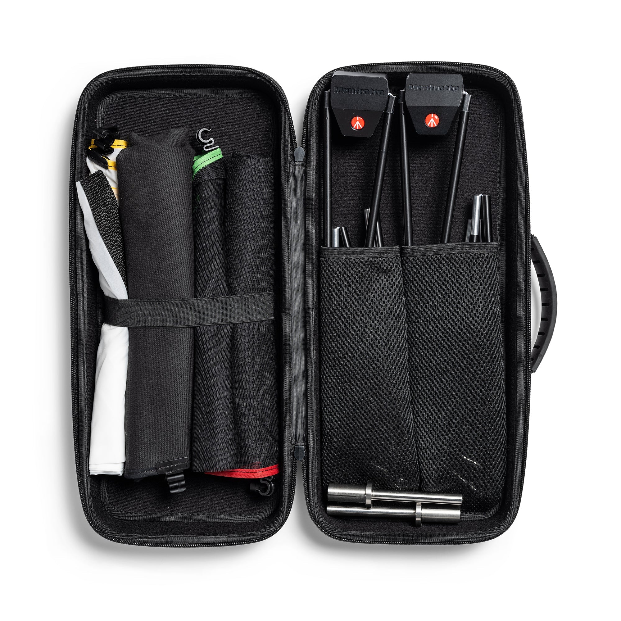 Manfrotto Rapid Flag 18"x24" LL LR1911 kit contents inside the supplied hard fabric case. 