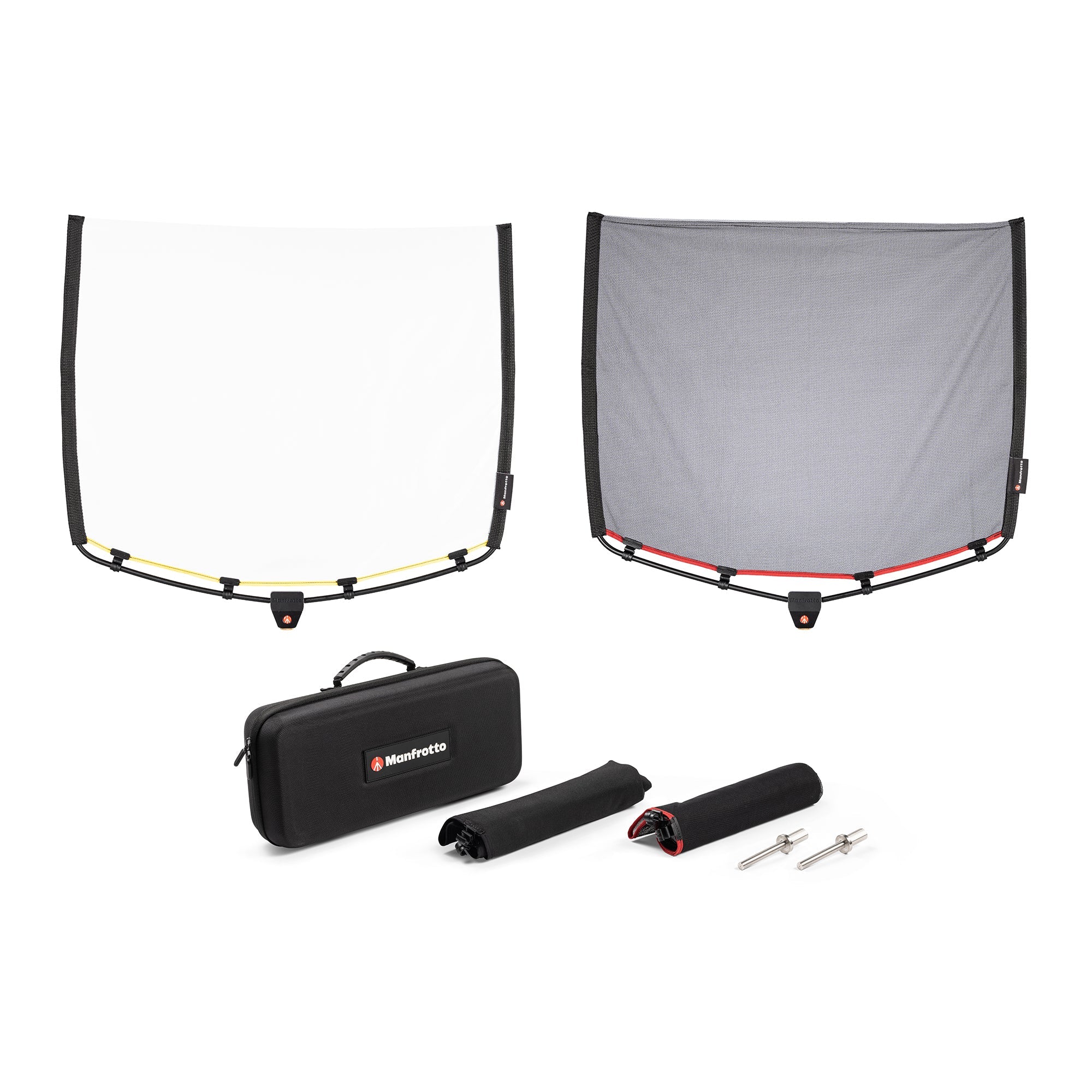 Two Manfrotto Rapid Flag 18"x24" Frames with Silk and Single Scrim shown assembled with the remaining kit items in the foreground. 