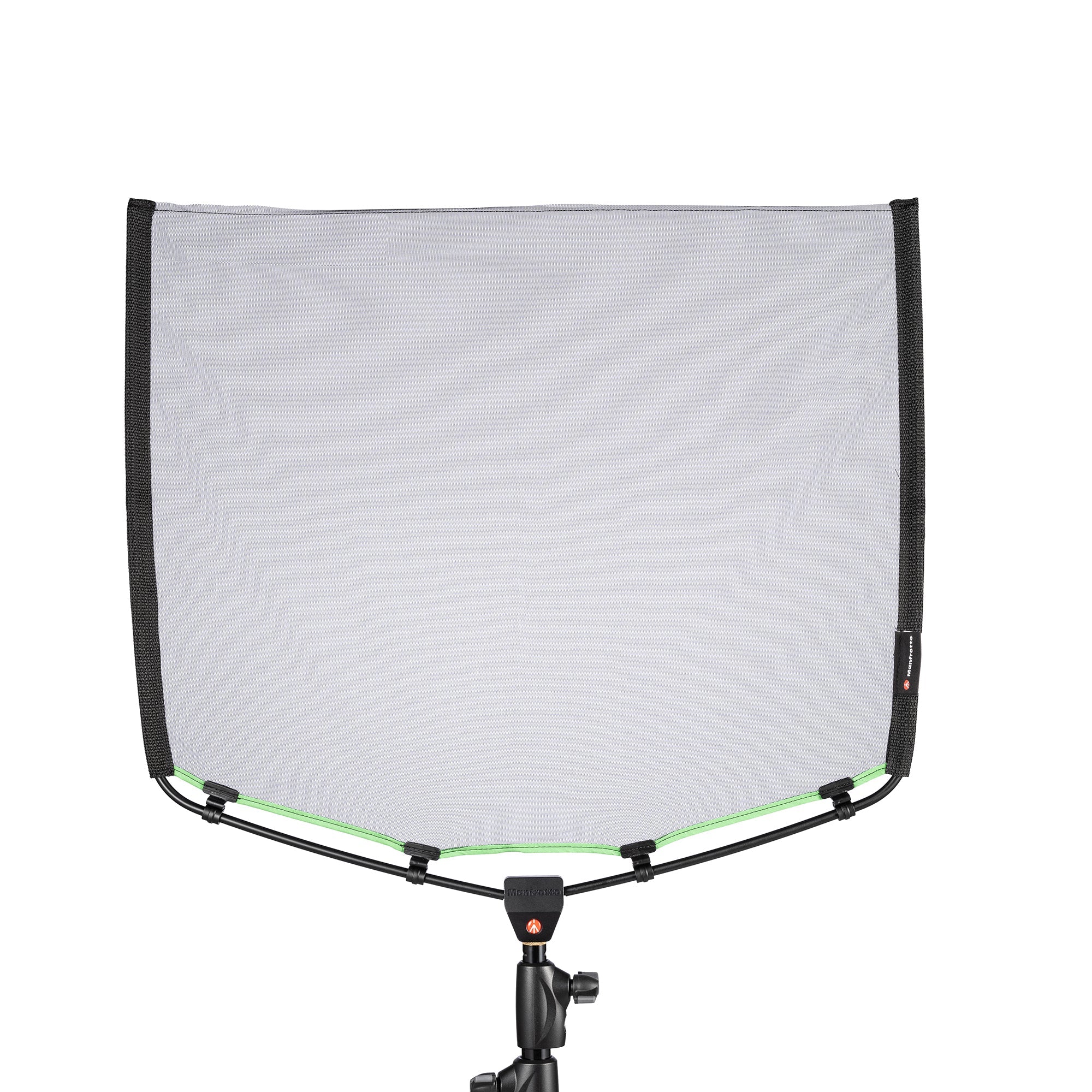 A assembled Manfrotto Rapid Collapsible Rapid Frame shown with Black Scrim with green edging.  