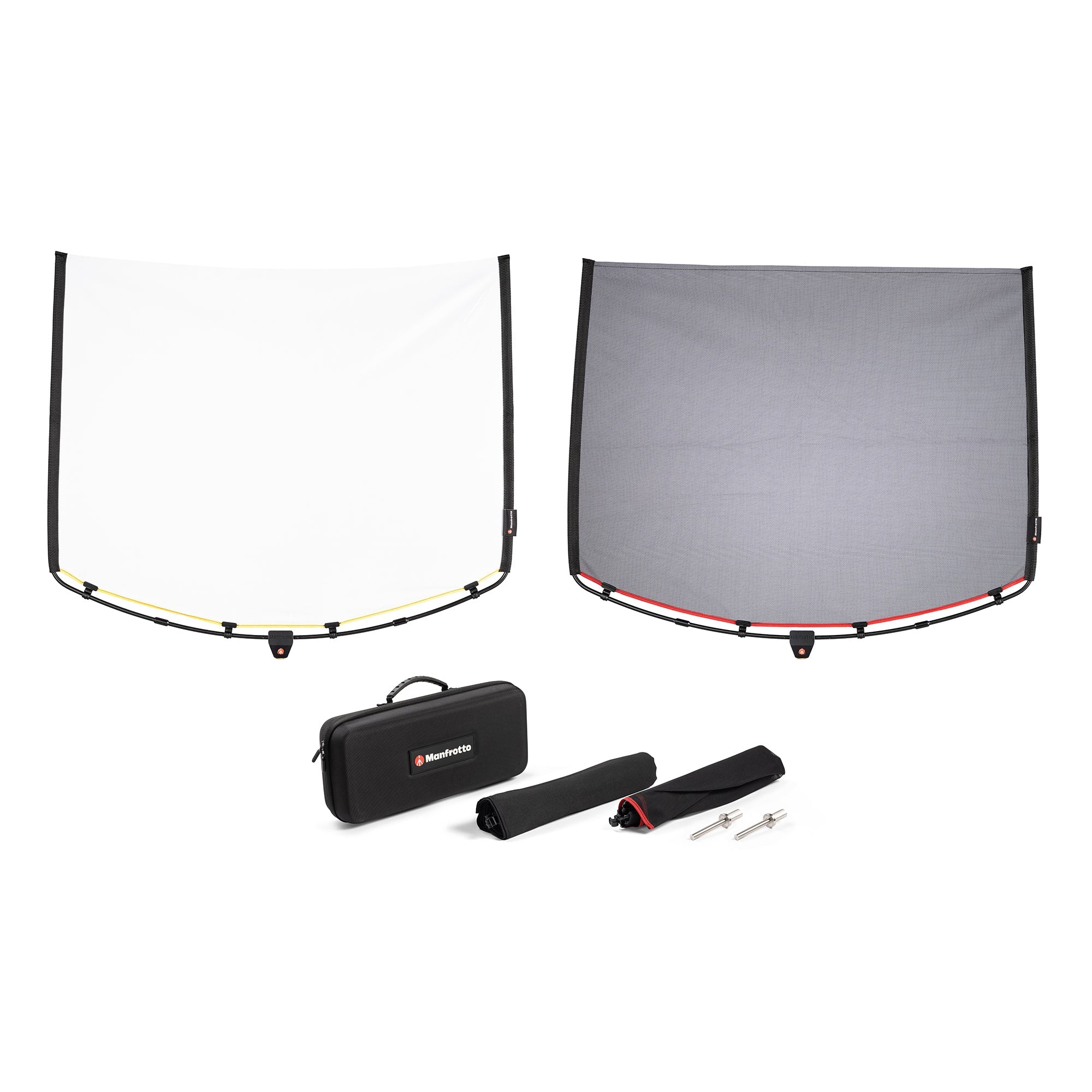 Two Manfrotto Rapid Flag 24"x36" Frames with Silk and Single Scrim shown assembled with the remaining kit items in the foreground. 