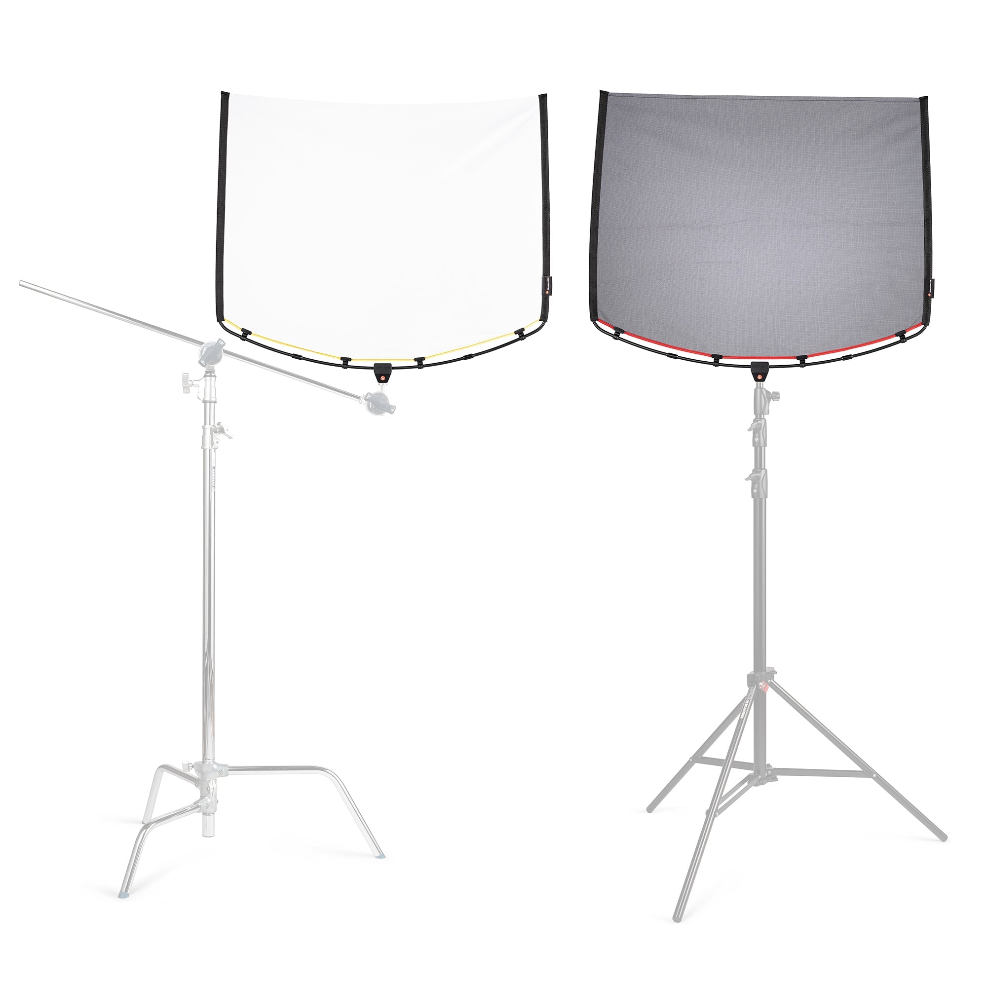 Two Manfrotto Rapid Flag 24"x36" Frames with Silk and Single Scrim shown on lighting stands. 