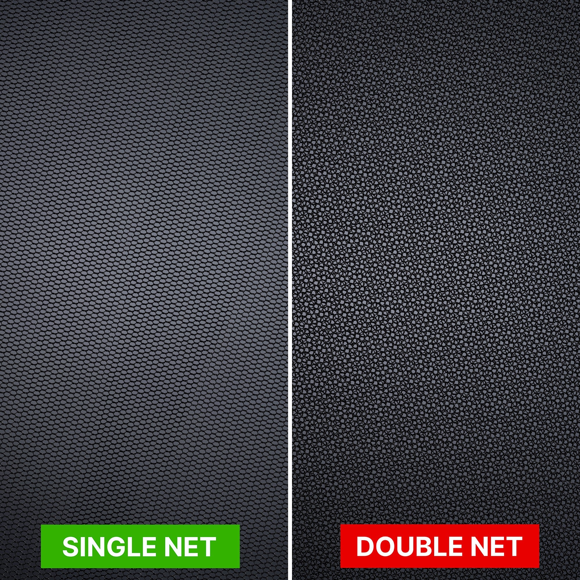 A close-up comparison photo showing the difference between the Manfrotto Rapid Flag Single Net and the Double Net.