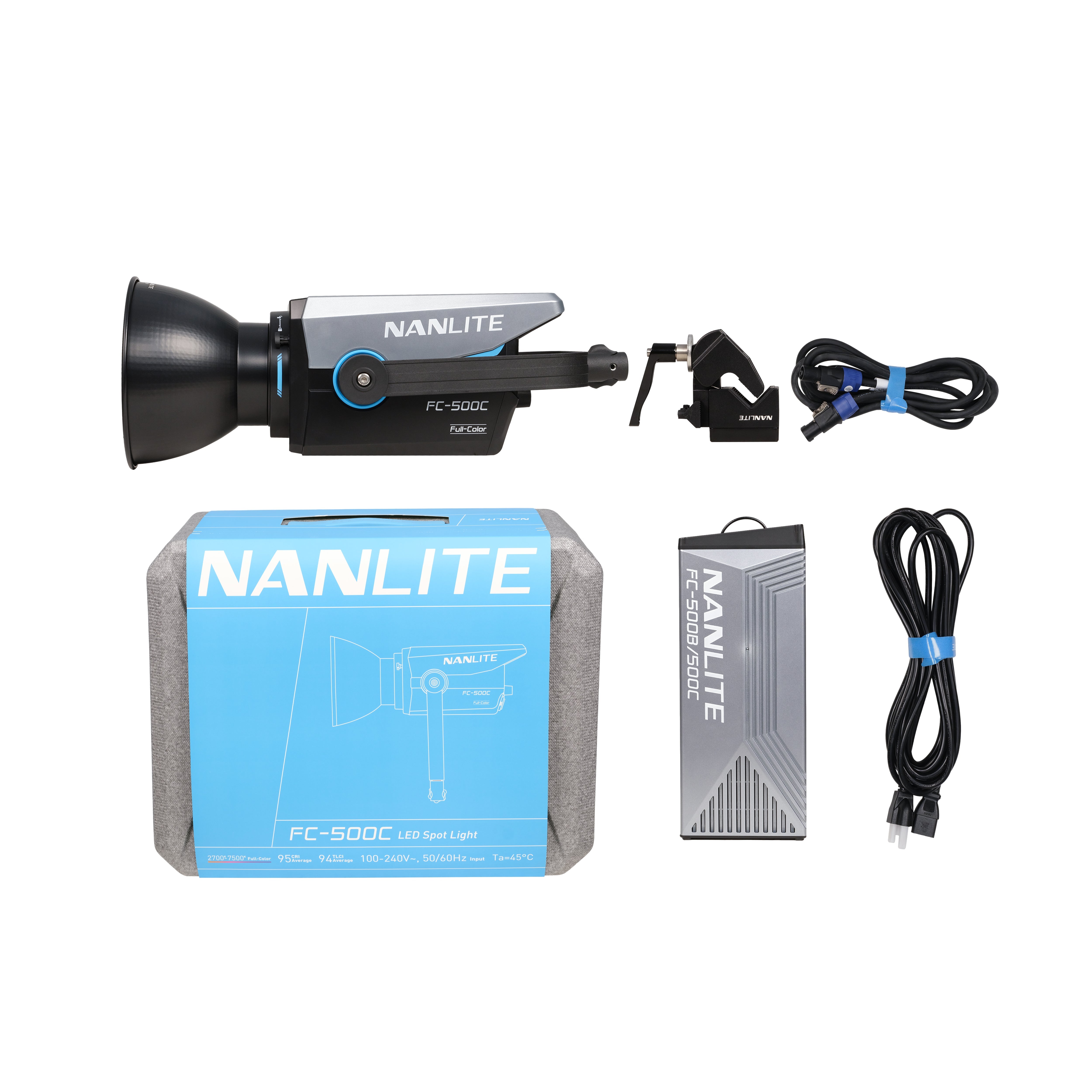 All components shown for the NANLITE FC-500C LED RGBW Spot Light.
