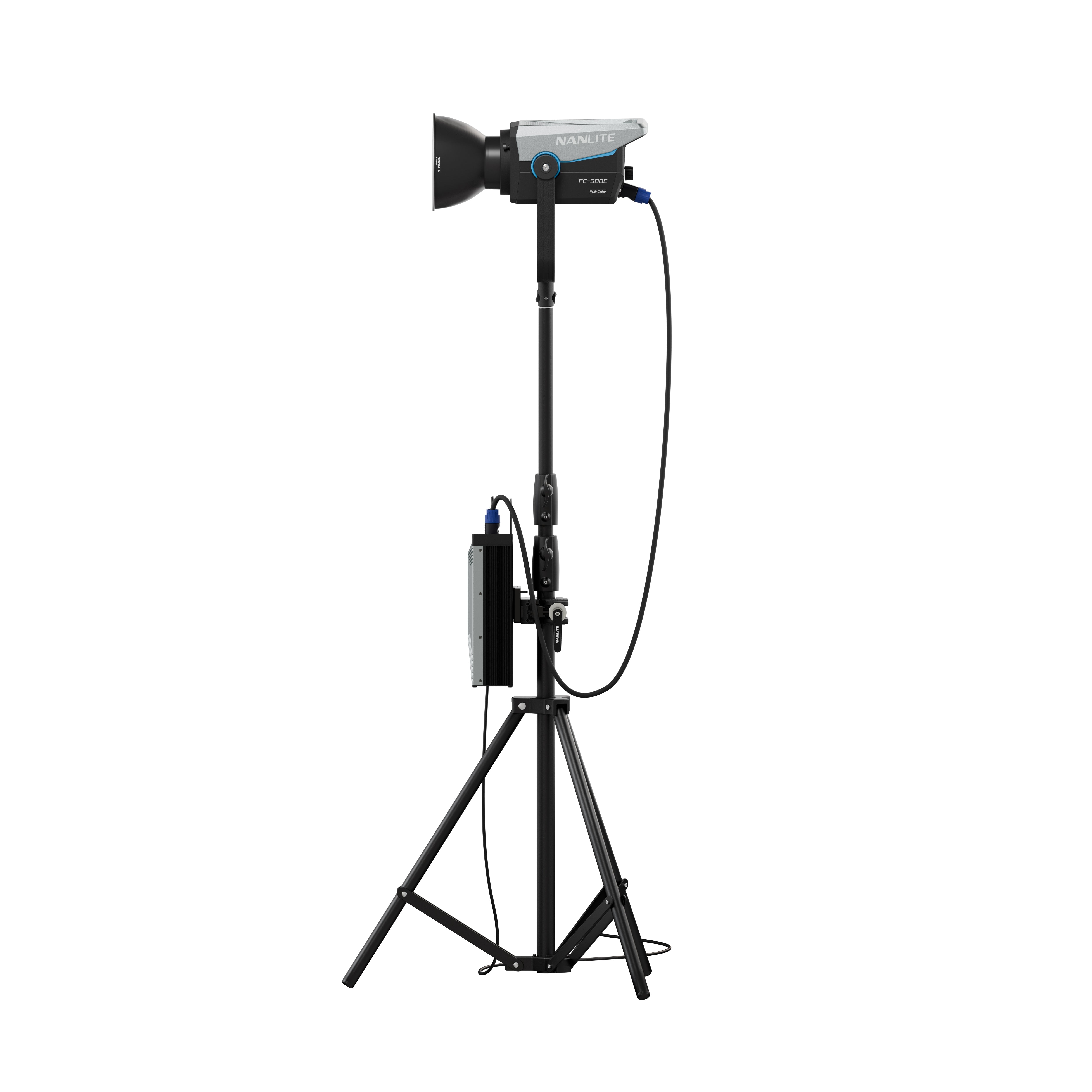 Side view of a NANLITE FC-500C LED RGBW Spot Light on a light stand.
