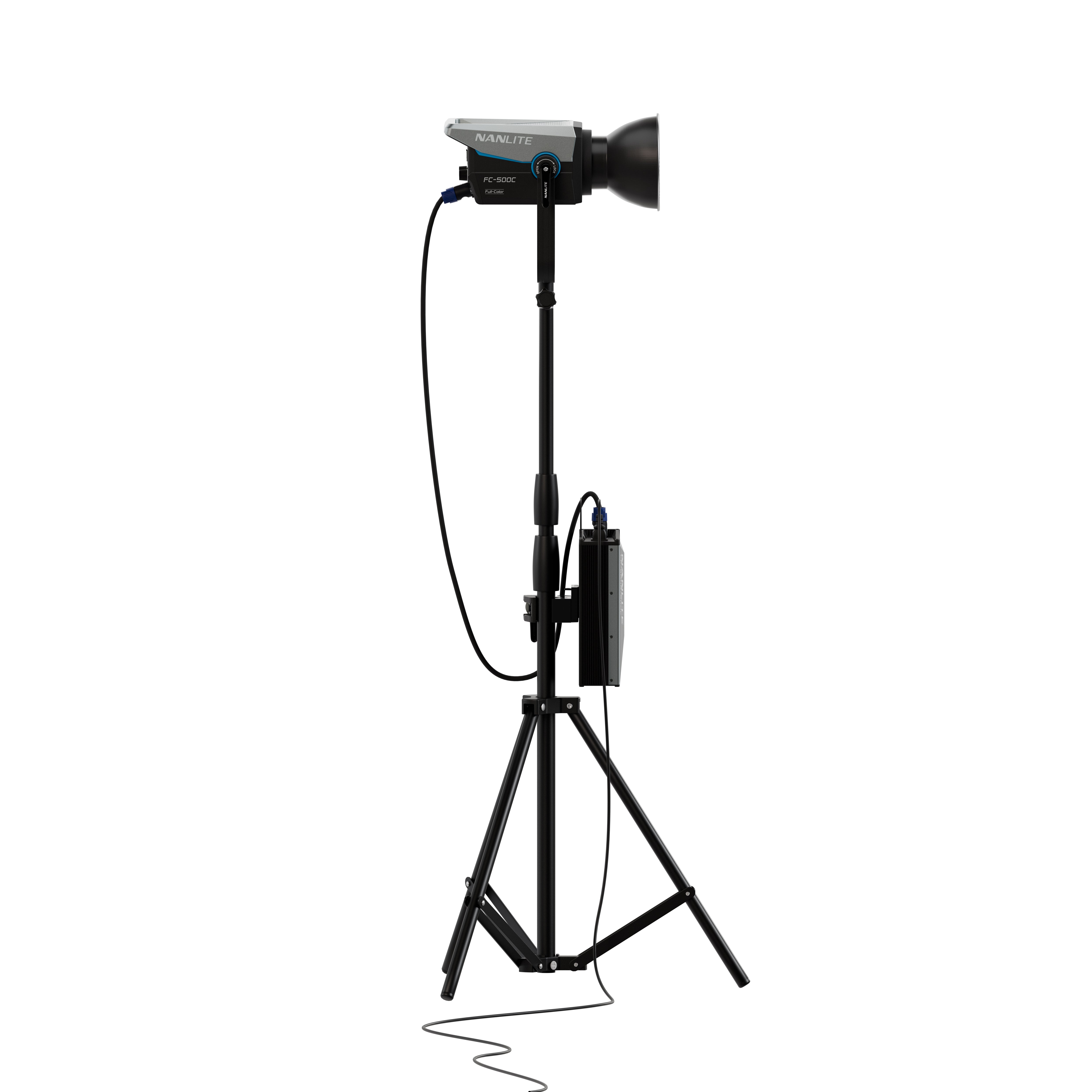Side view of the NANLITE FC-500C LED RGBW Spot Light attached to a stand.