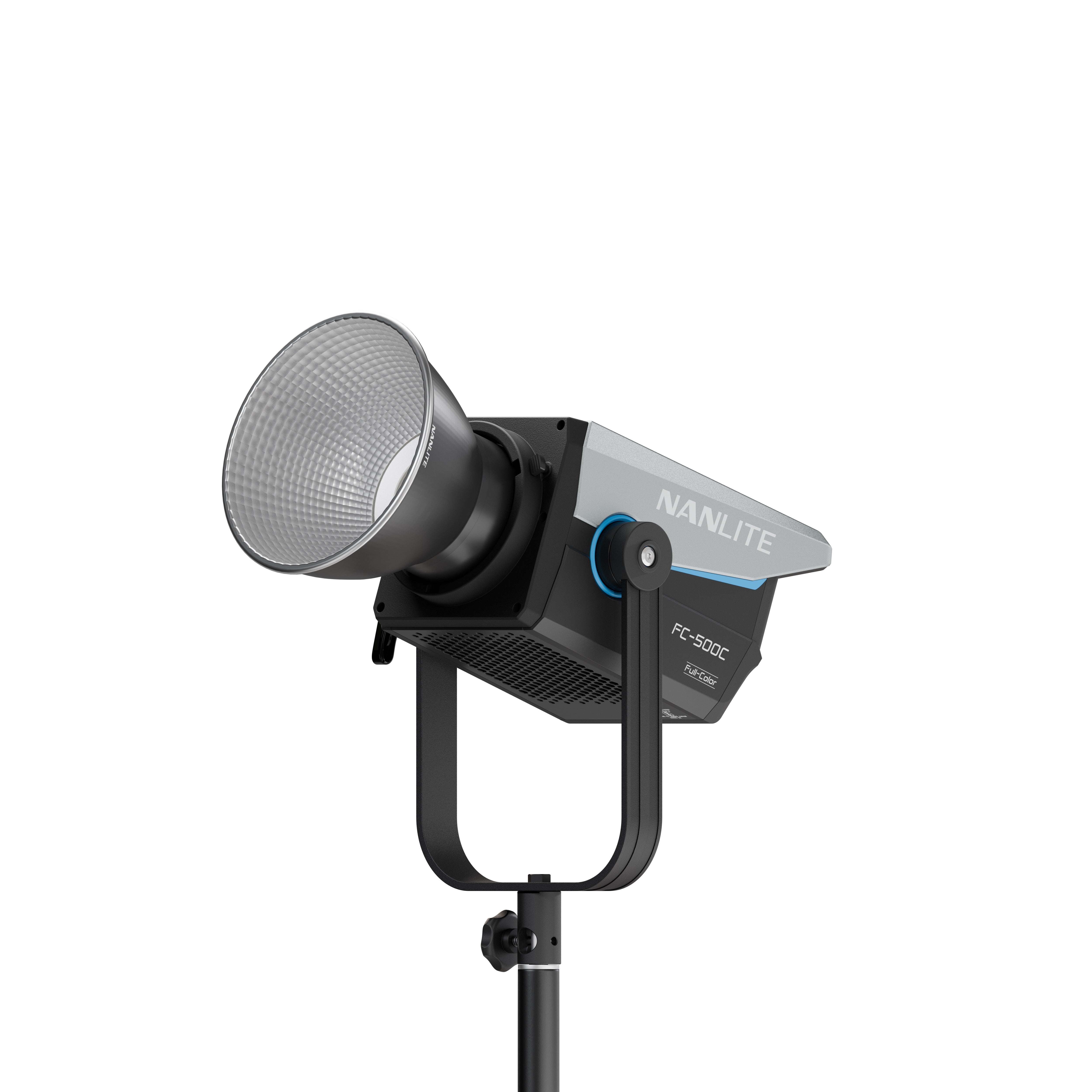 NANLITE FC-500C LED RGBW Spot Light tilted upwards on a light stand.
