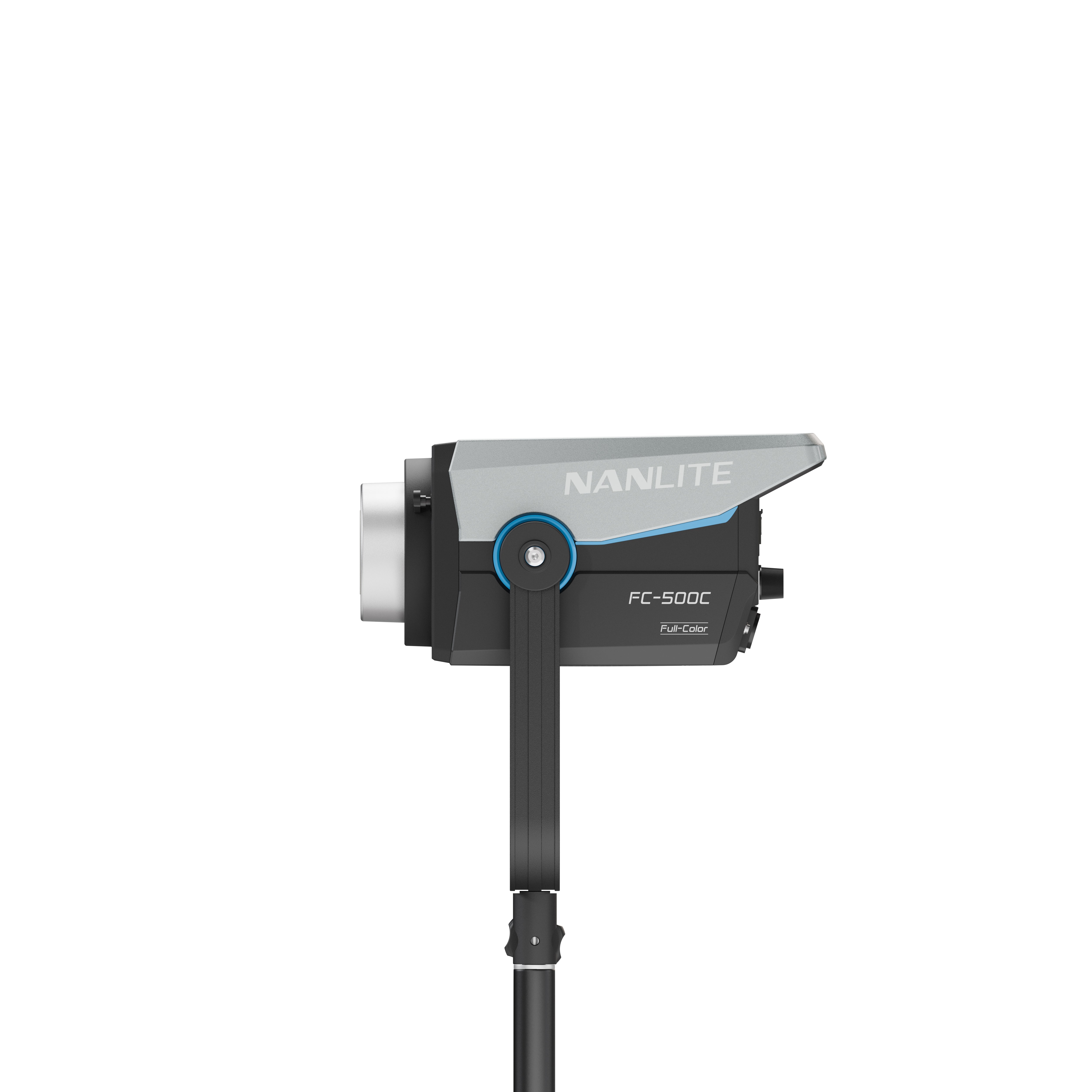 Side view of the NANLITE FC-500C LED RGBW Spot Light which is attached to a light stand.
