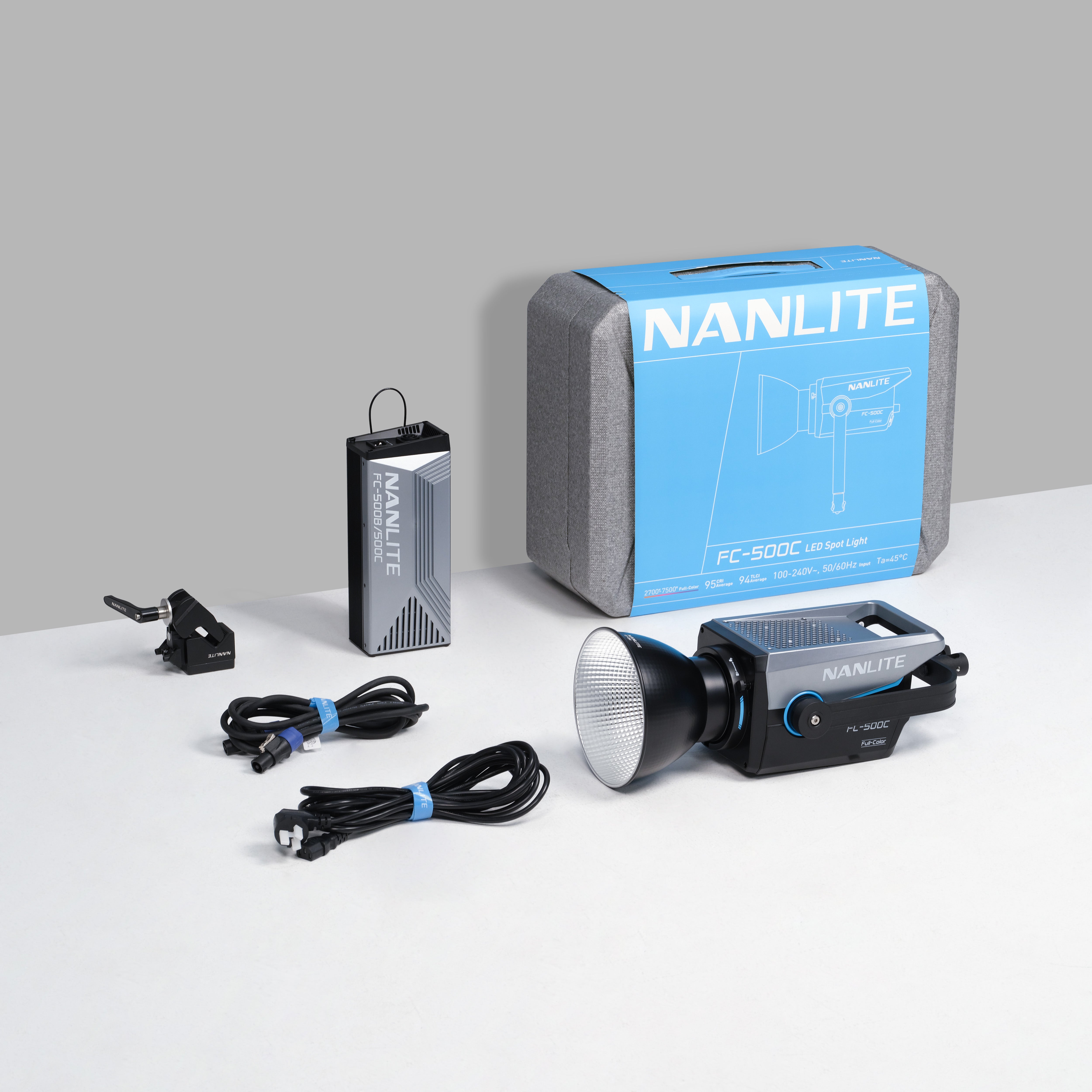 All components that are part of the NANLITE FC-500C LED RGBW Spot Light including the grey carry case.
