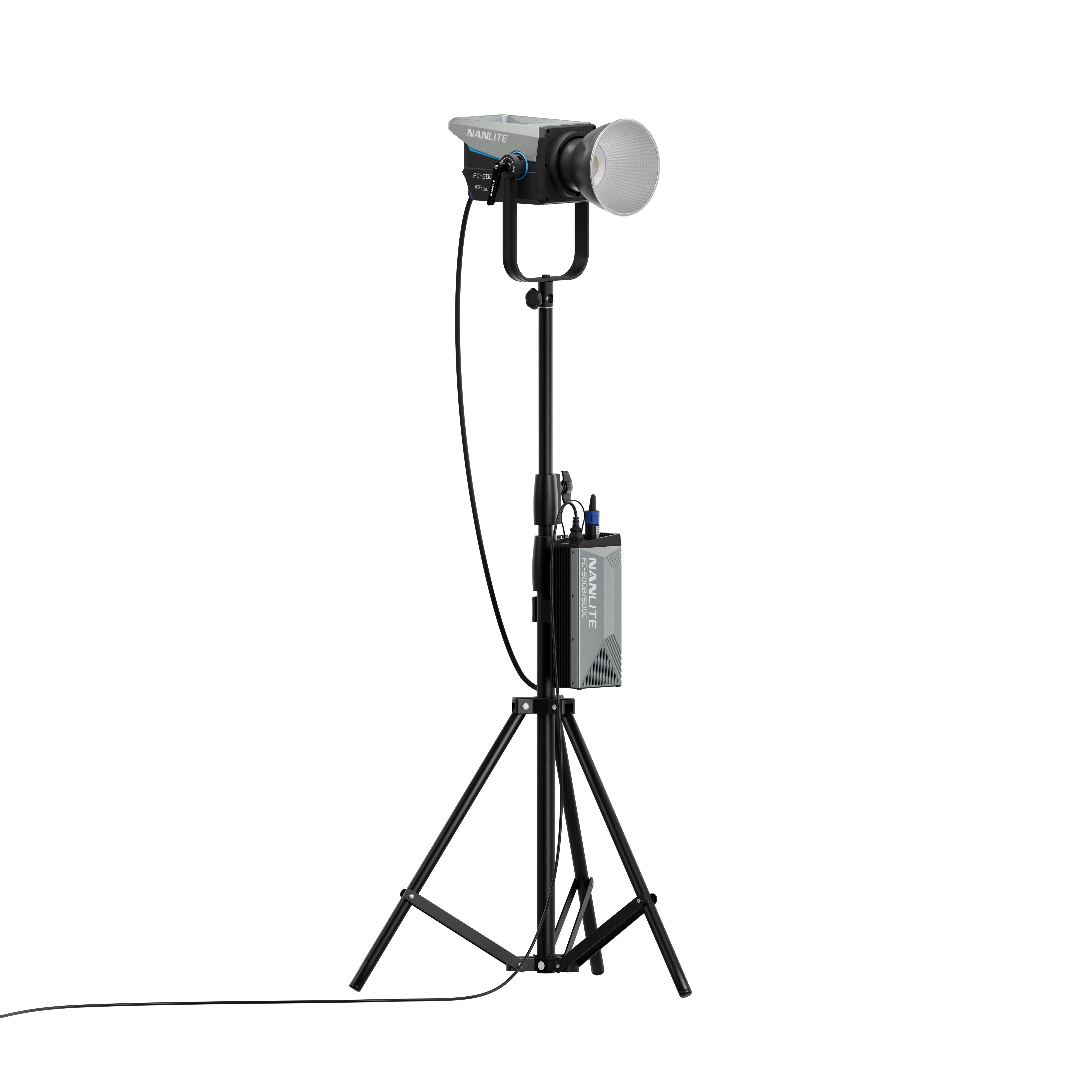 NANLITE FC-500C LED RGBW Spot Light attached to a light stand which is fully extended.
