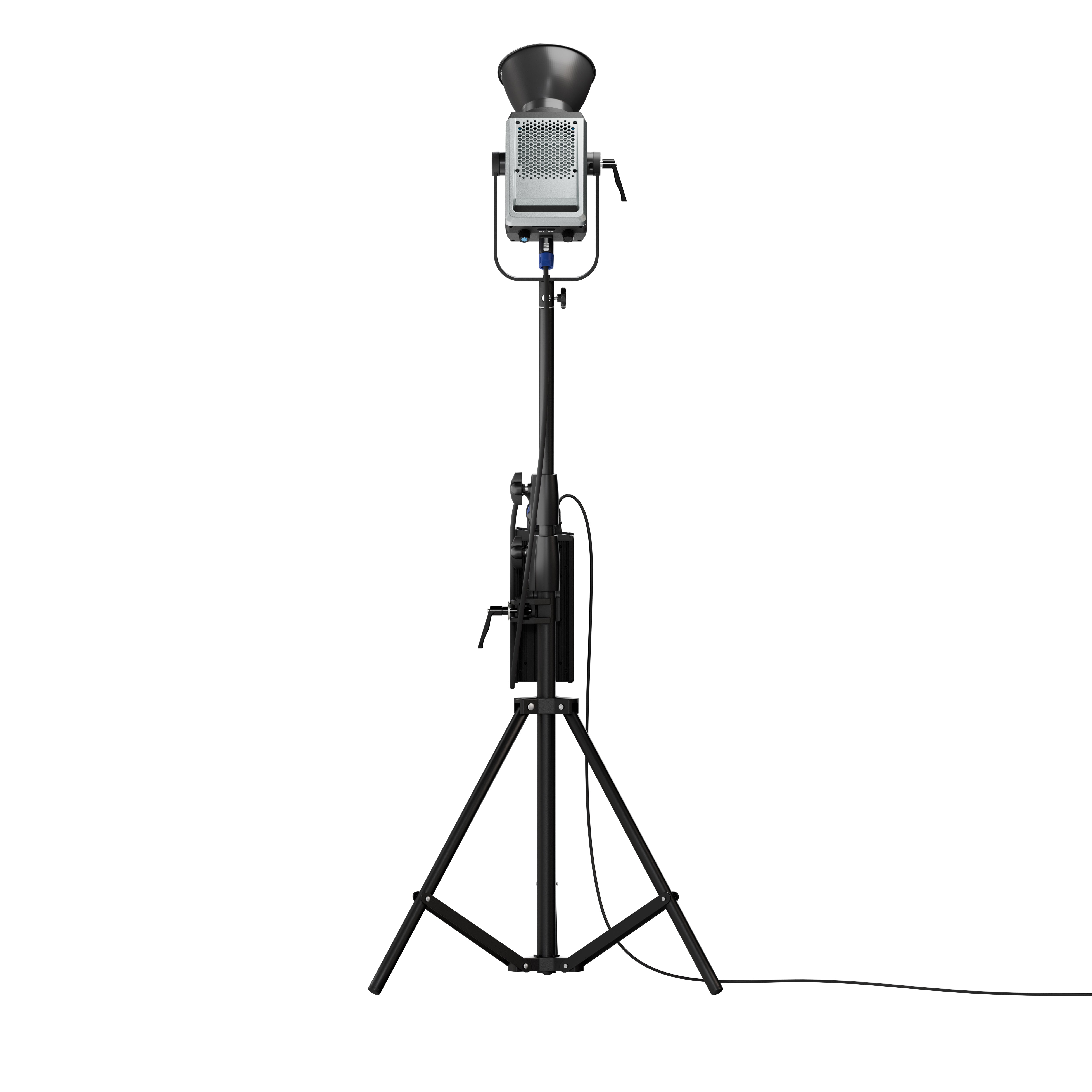 NANLITE FC-500C LED RGBW Spot Light tilted upwards on a stand.