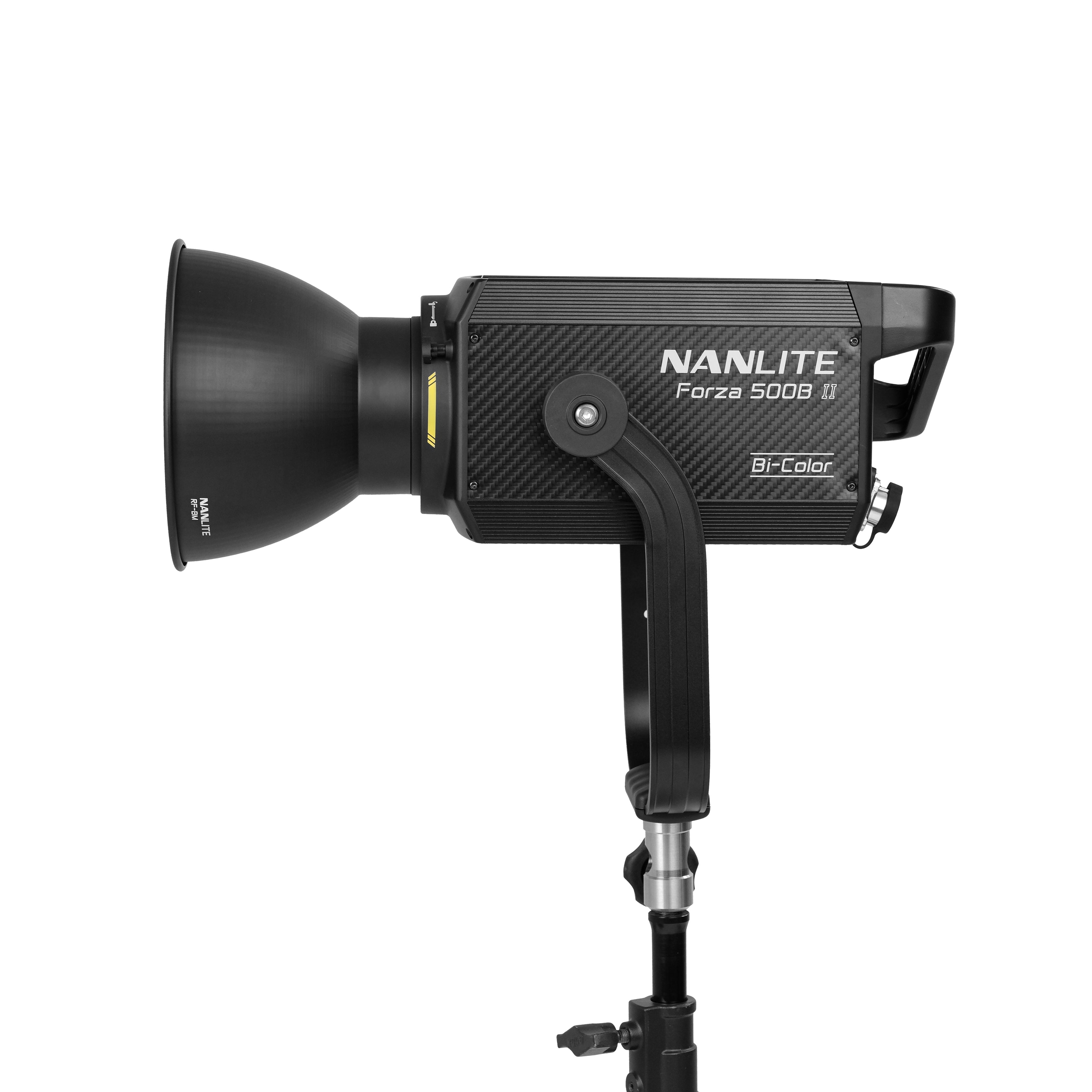 Side view of the NANLITE Forza 500B II LED Bi-color Spot Light.