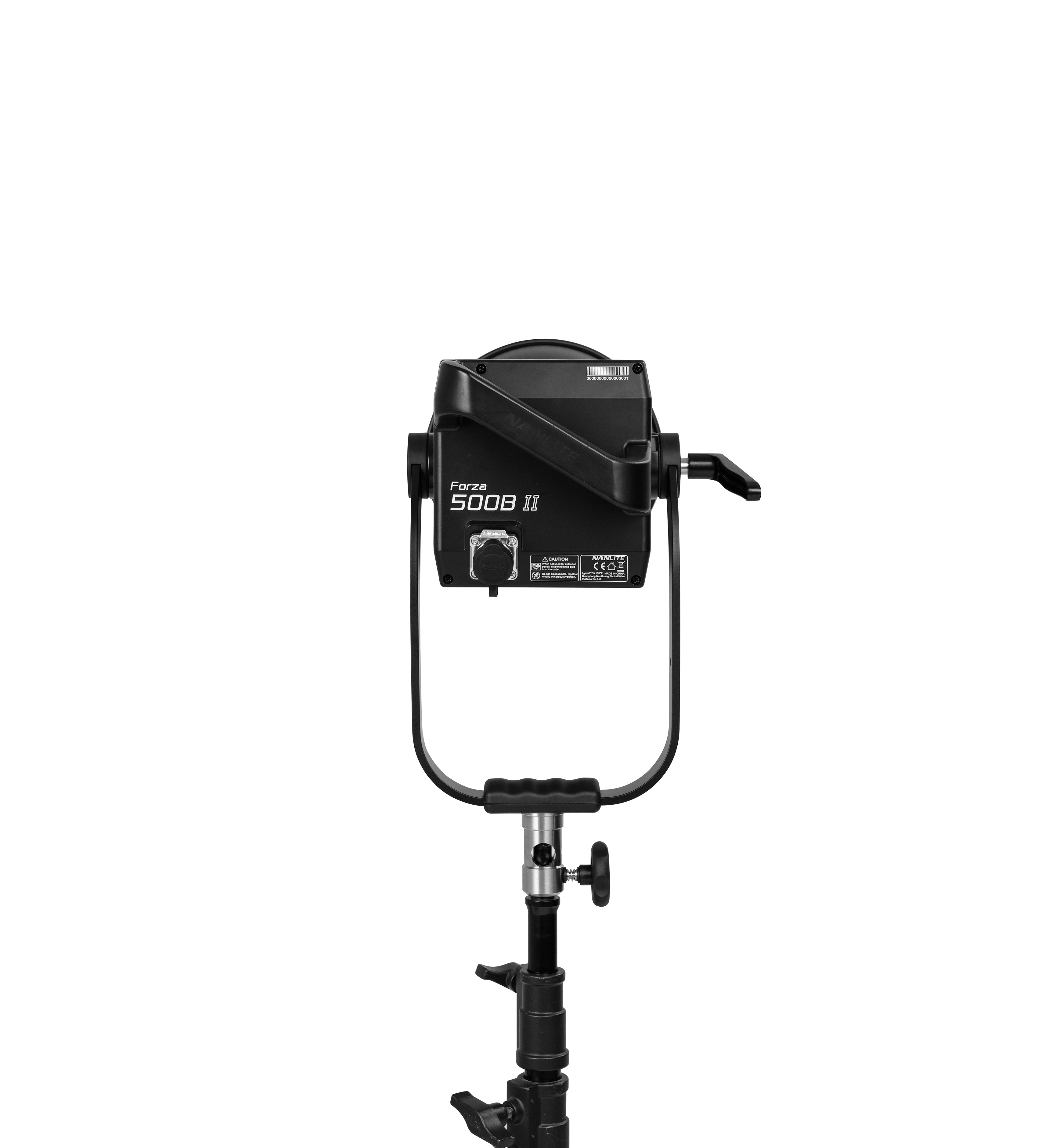Rear view of a NANLITE Forza 500B II LED Bi-color Spot Light attached to a stand.